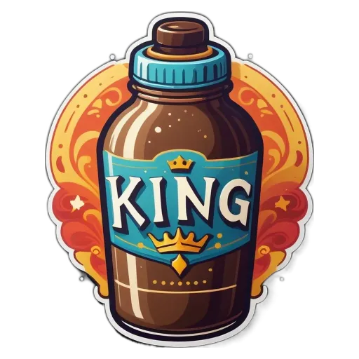 A King bottle with a blue and gold label.