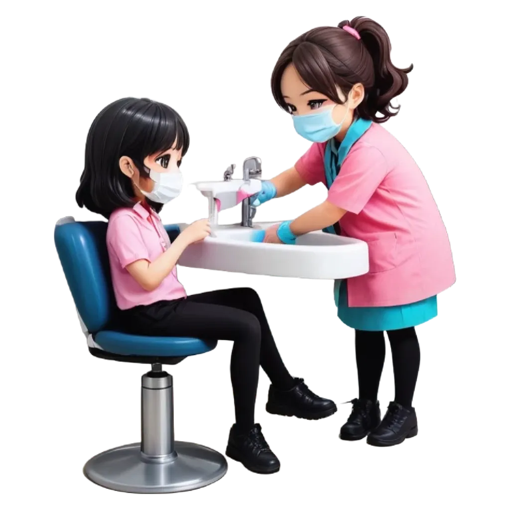 A girl sits in a chair while a woman dentist with a mask and gloves.