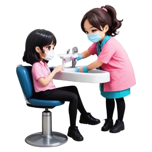 A girl sits in a chair while a woman dentist with a mask and gloves.