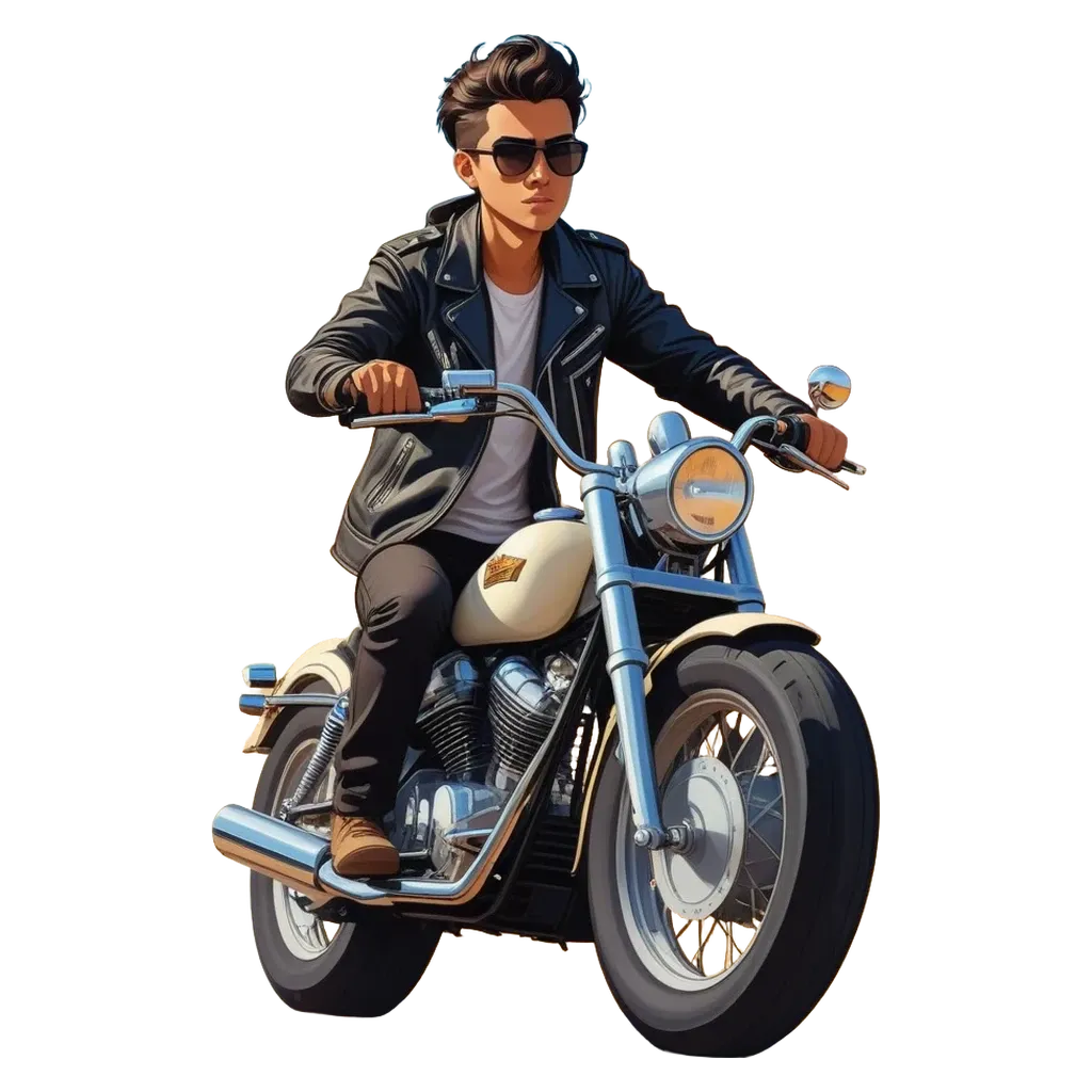 A cartoon depiction of a man on a motorcycle wearing sunglasses.