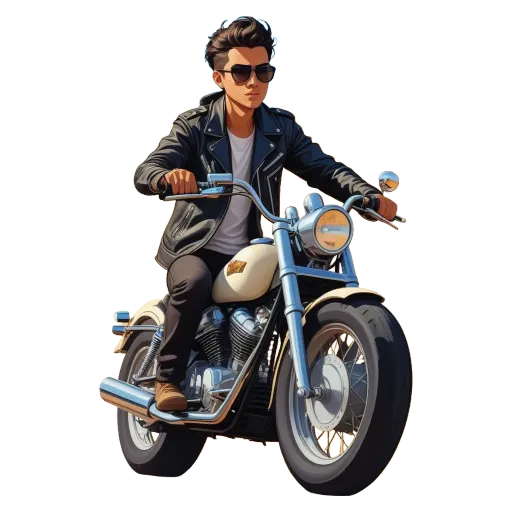 A cartoon depiction of a man on a motorcycle wearing sunglasses.