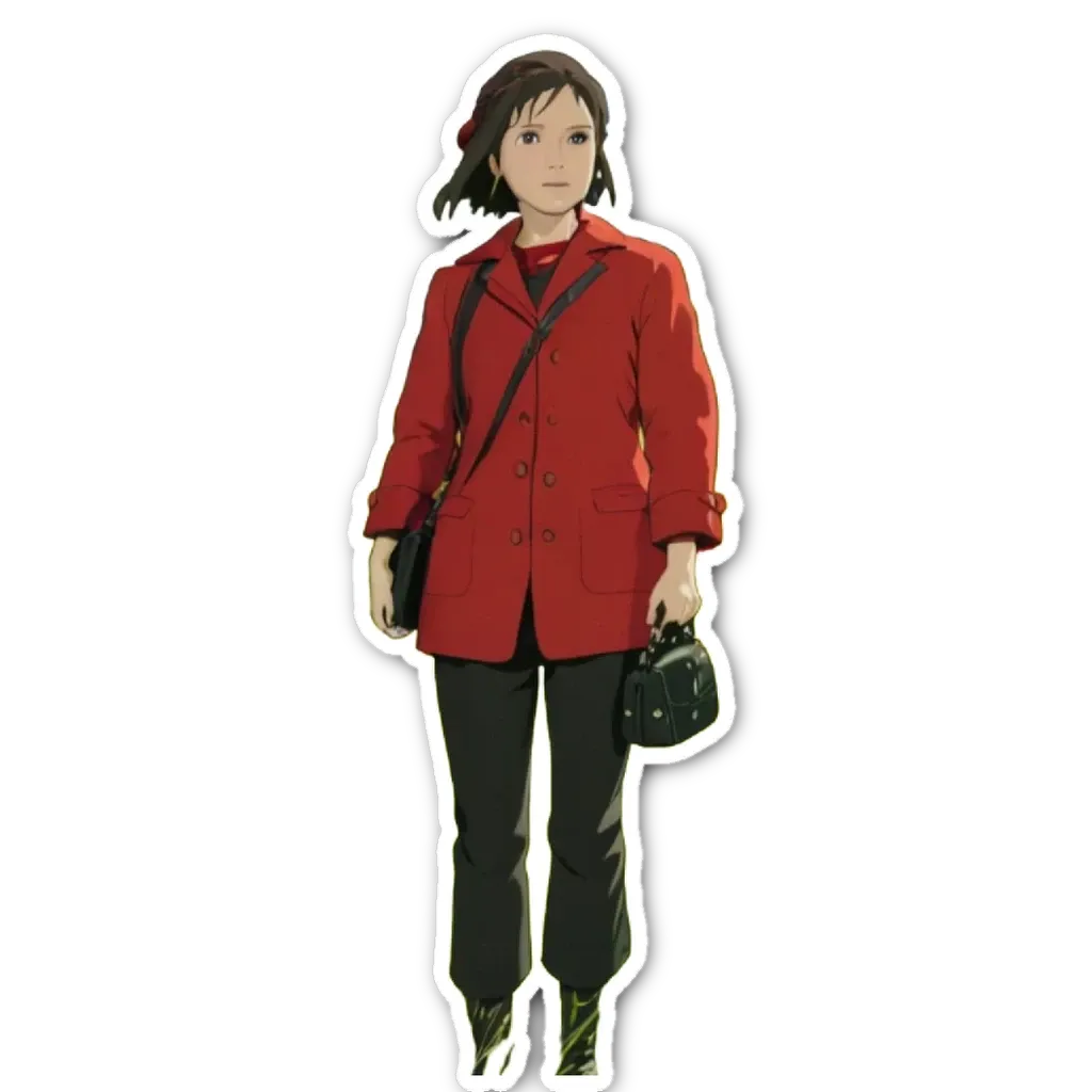 A girl wearing a red coat is standing and holding a black bag.