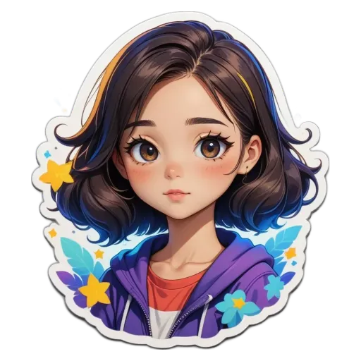 A sticker of a girl with stars and flowers on her.