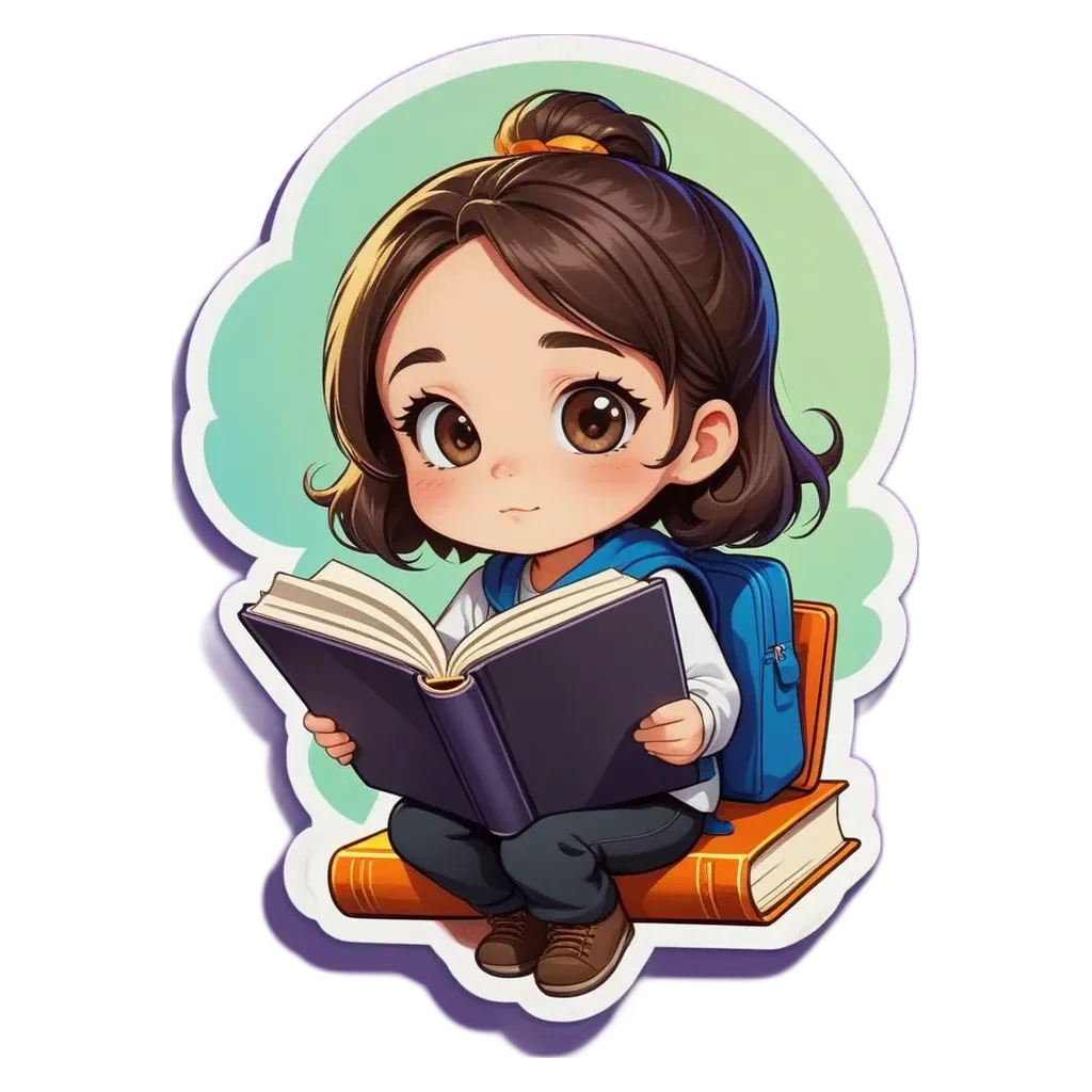 A girl reading a book with a backpack on her.