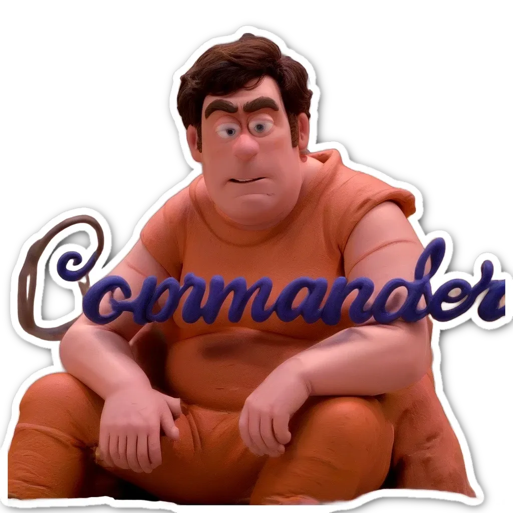A man with a sticker that says "Commander" on it.
