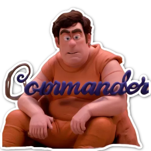 A man with a sticker that says "Commander" on it.