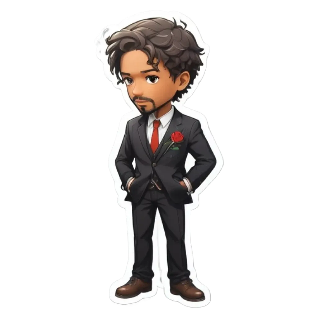 A character wearing a suit and tie with a red rose.