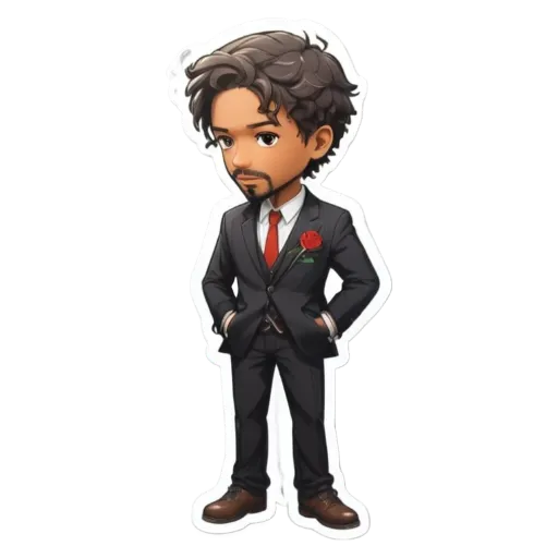 A character wearing a suit and tie with a red rose.