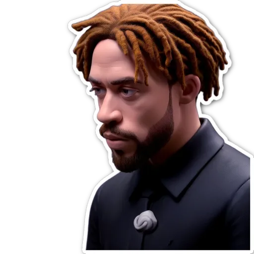 A sticker of a man with a beard and a black shirt.