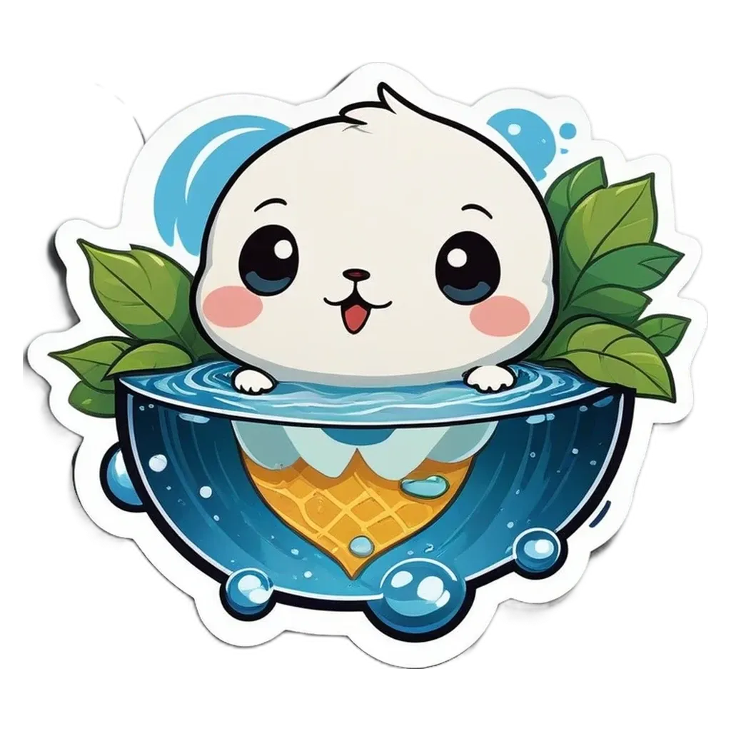 A cute animal sticker in the middle of a water puddle.