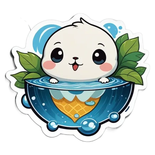 A cute animal sticker in the middle of a water puddle.