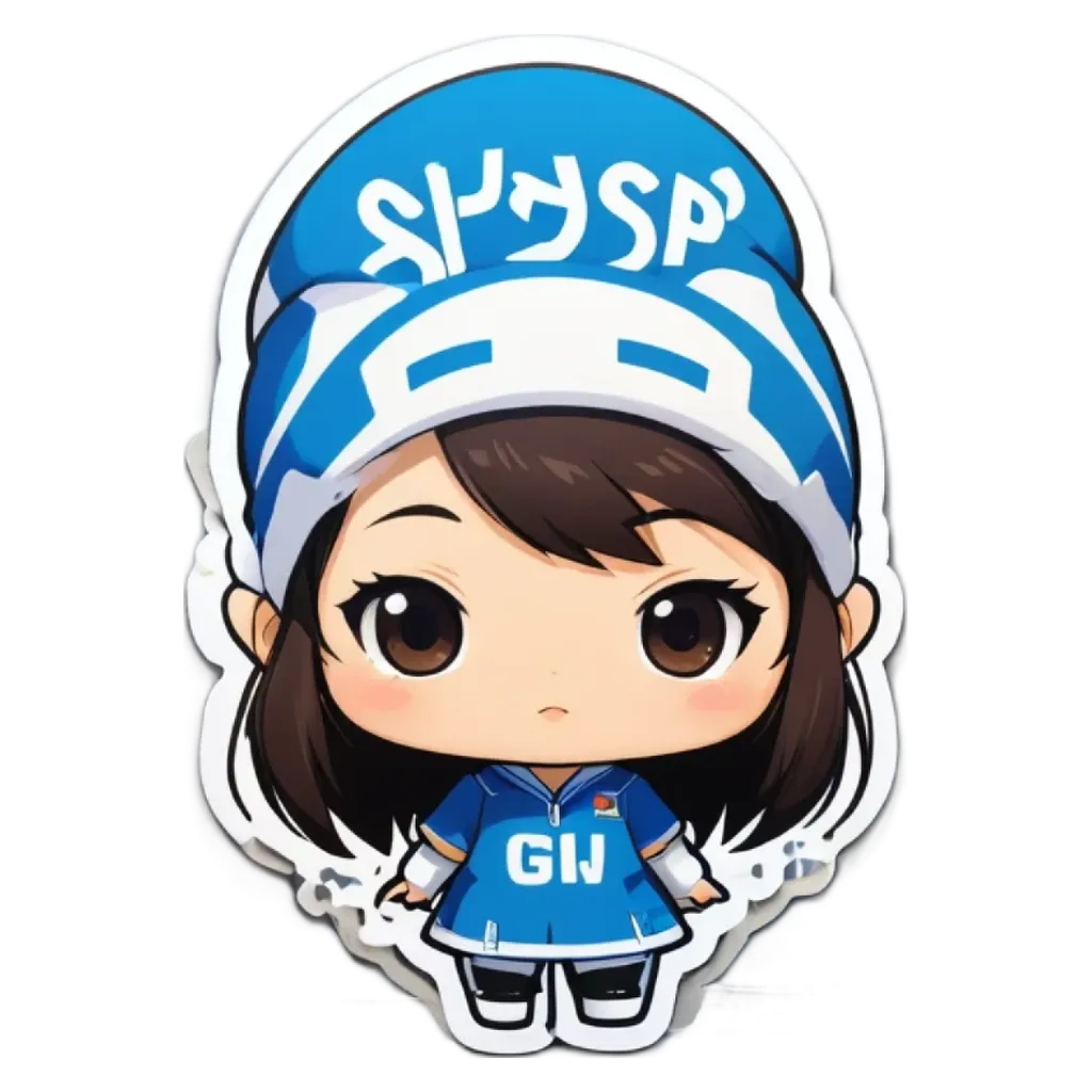 A girl wearing a hat and blue dress with the letters GJ written on her.