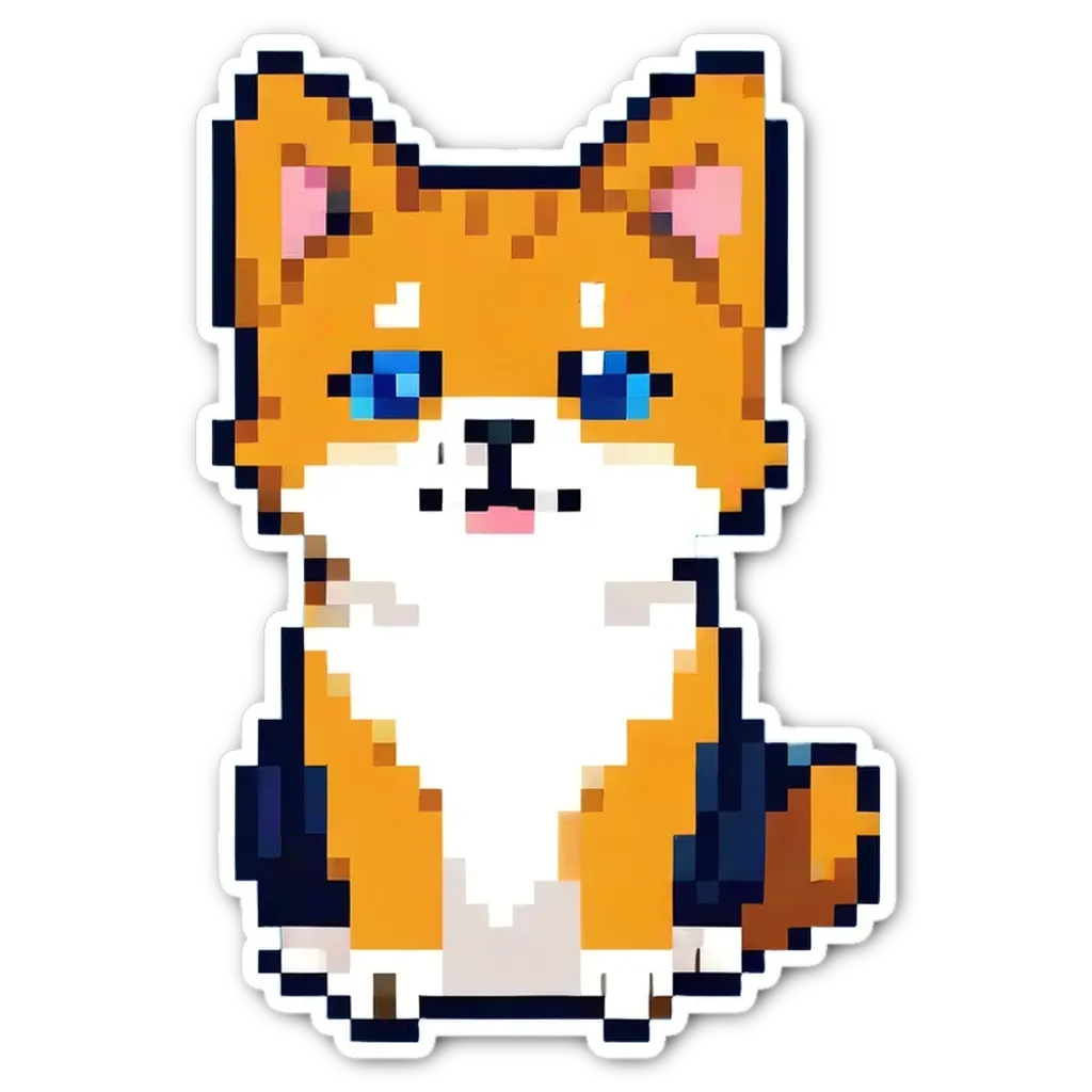 A small pixelated dog with blue eyes is sitting on a black background.