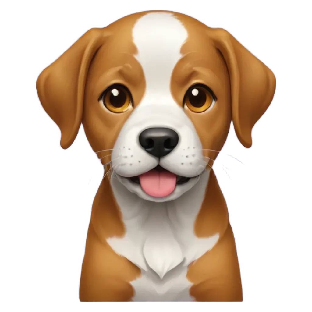 A brown and white dog with a tounge in its mouth.