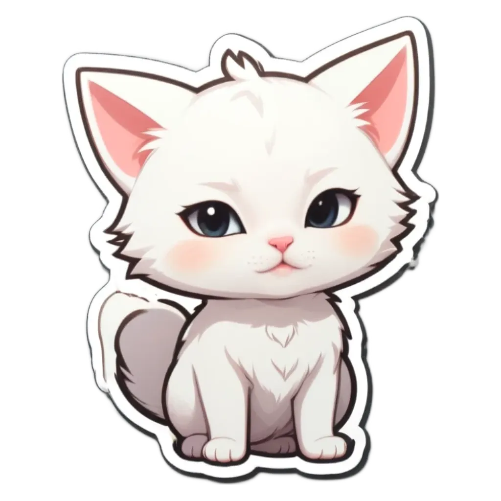 A white cat with blue eyes is sitting on the ground.