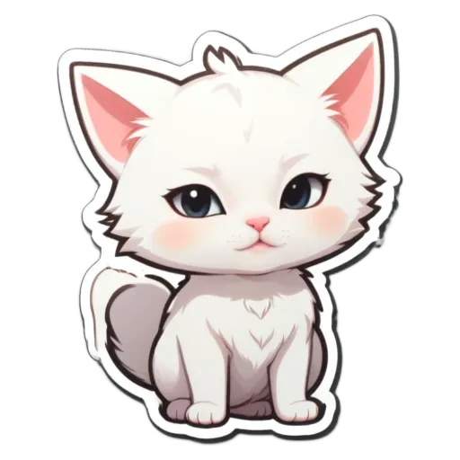 A white cat with blue eyes is sitting on the ground.