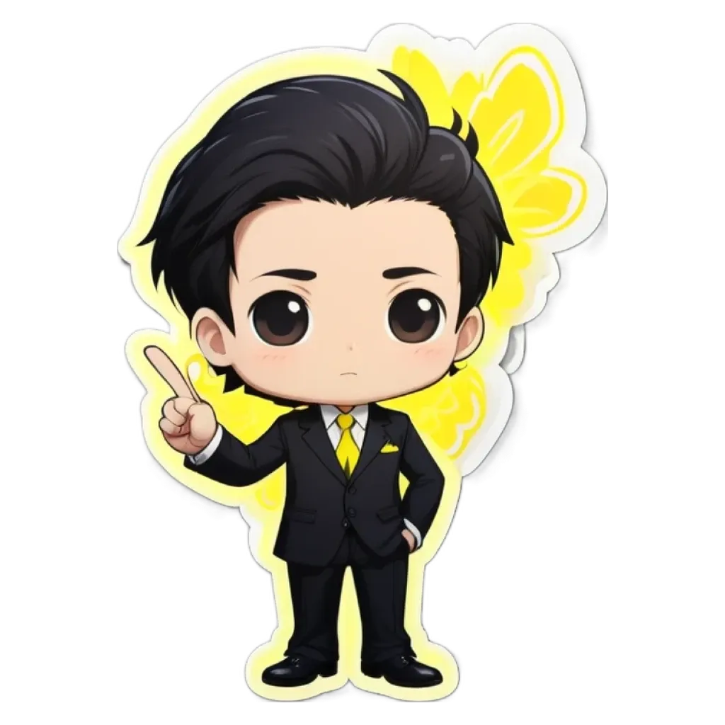 A boy wearing a suit and pointing his finger.