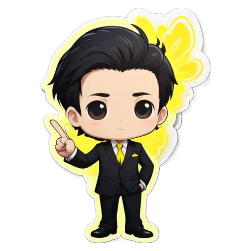 A boy wearing a suit and pointing his finger.