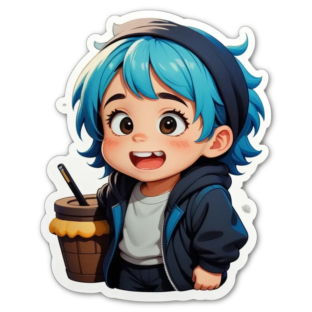 A blue head girl with a straw in her drink.