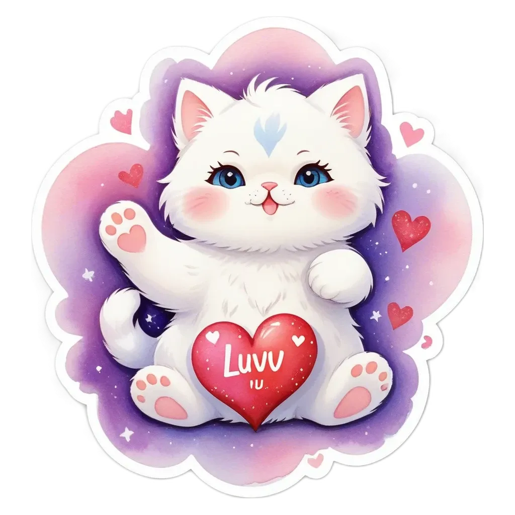 A cat holding a heart is on a valentine's day sticker.