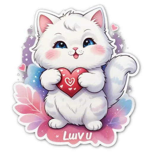 A cat holding a heart holds a sticker that reads Luvu.