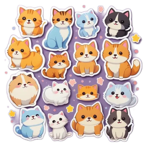 A collection of cartoon cats of various colors sitting and standing.