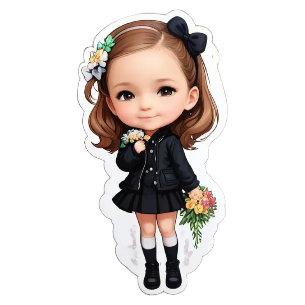 A girl with a bow in her hair holding flowers.