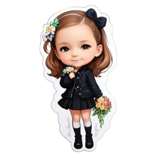 A girl with a bow in her hair holding flowers.