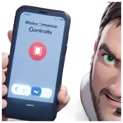A phone with the word Gonirritx on it being held in front of someone's face.