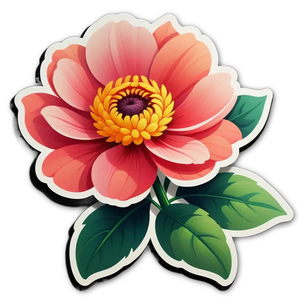 A flower with a yellow center and pink petals is surrounded by green leaves.