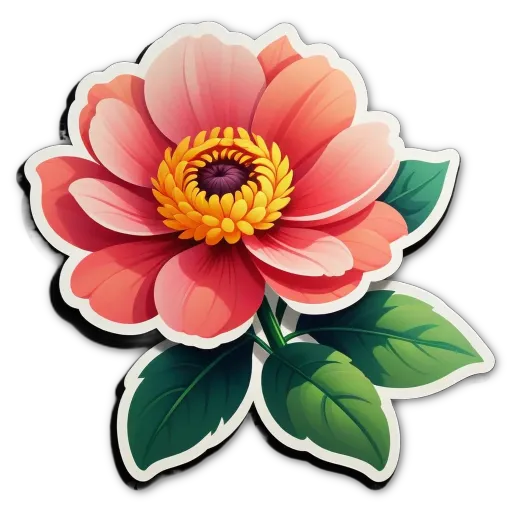 A flower with a yellow center and pink petals is surrounded by green leaves.