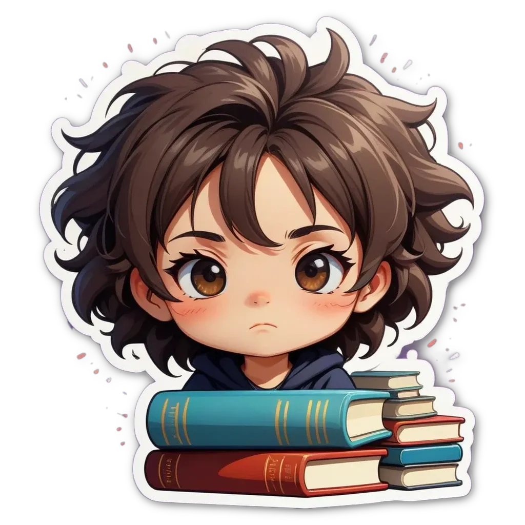 A girl with a sad face looking down at a pile of books.