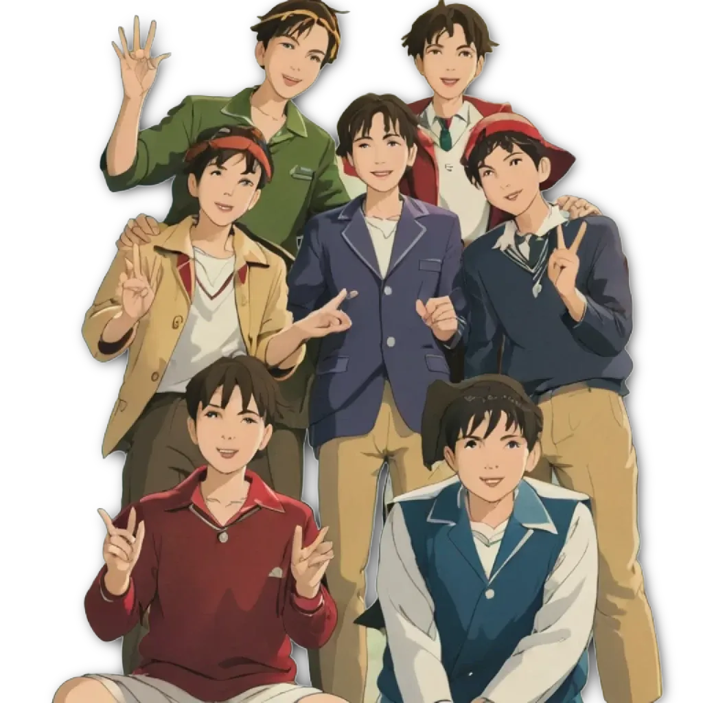 A group of boys is posing for a picture, with one boy pointing.