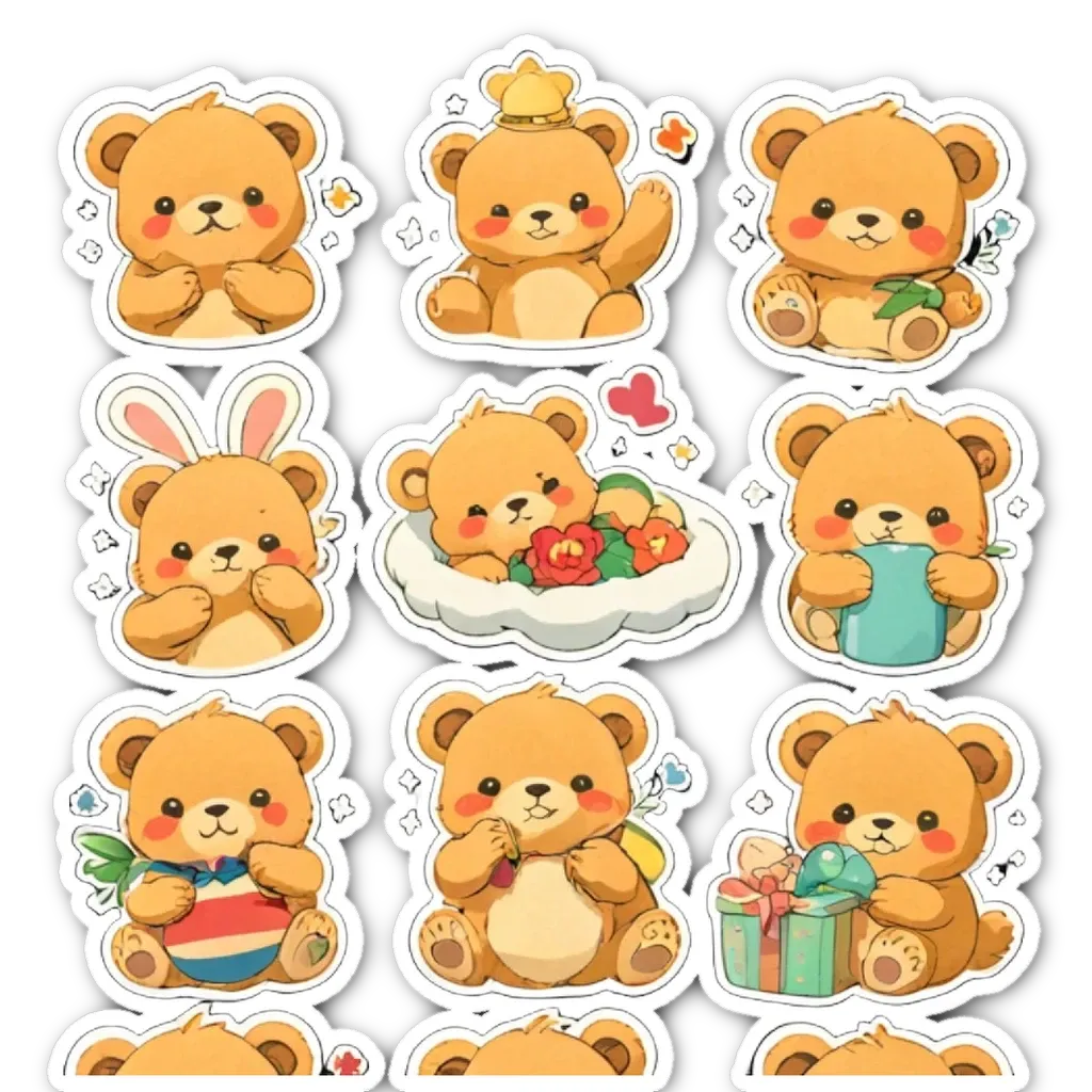 A set of nine cute teddy bear stickers with different outfits and accessories.