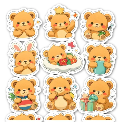 A set of nine cute teddy bear stickers with different outfits and accessories.