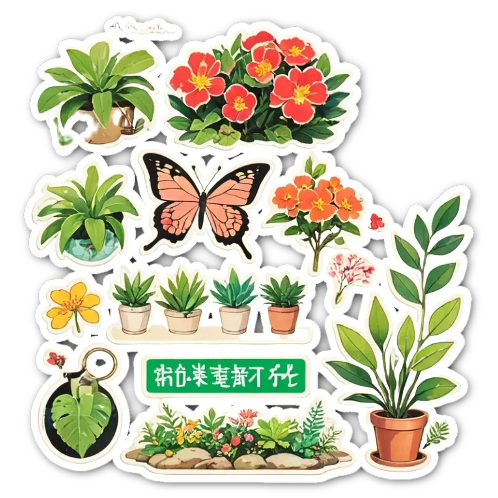 A collection of stickers featuring plants and a butterfly.