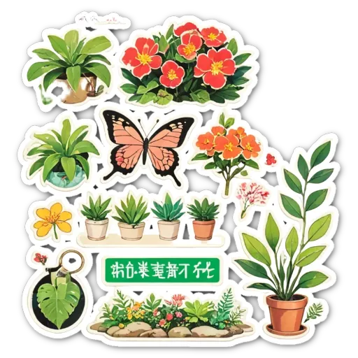 A collection of stickers featuring plants and a butterfly.