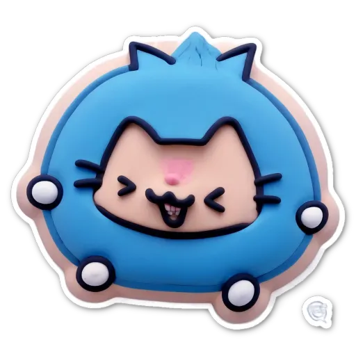 A blue cat shaped cake is displayed on a black background.