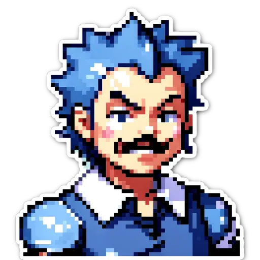 A man with a mustache is wearing a blue shirt.