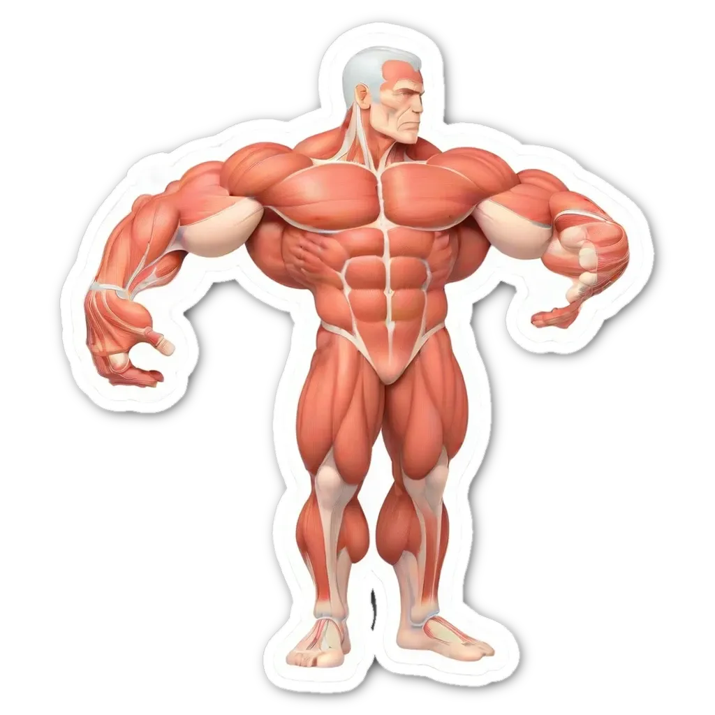 A sticker of a muscle man with his arms wide open.