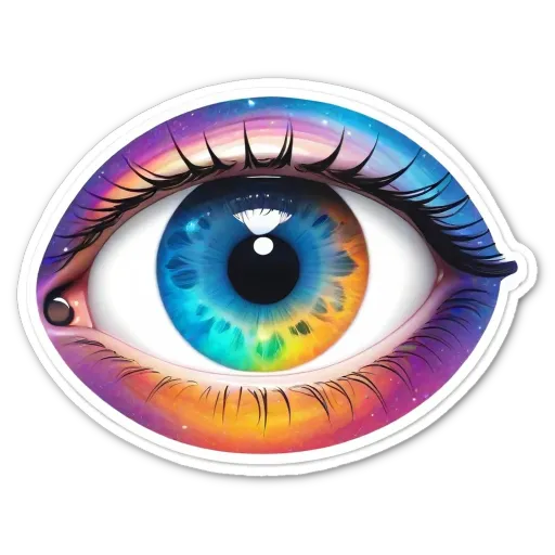 A colorful eye sticker on a black background.