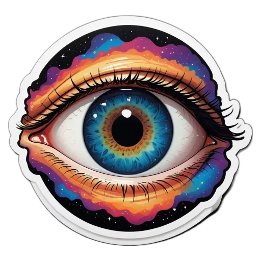 An eye in a sticker in colors blue, orange and green.