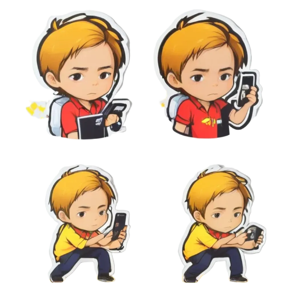 A series of four cartoonish pictures of a boy with a cell phone.