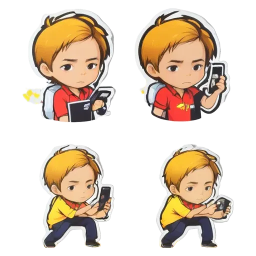 A series of four cartoonish pictures of a boy with a cell phone.