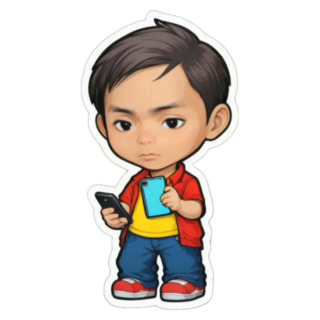 A boy holding a cell phone who is also wearing a red jacket.