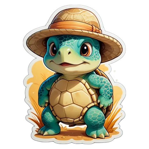 A cartoon turtle wearing a hat is standing on grass.