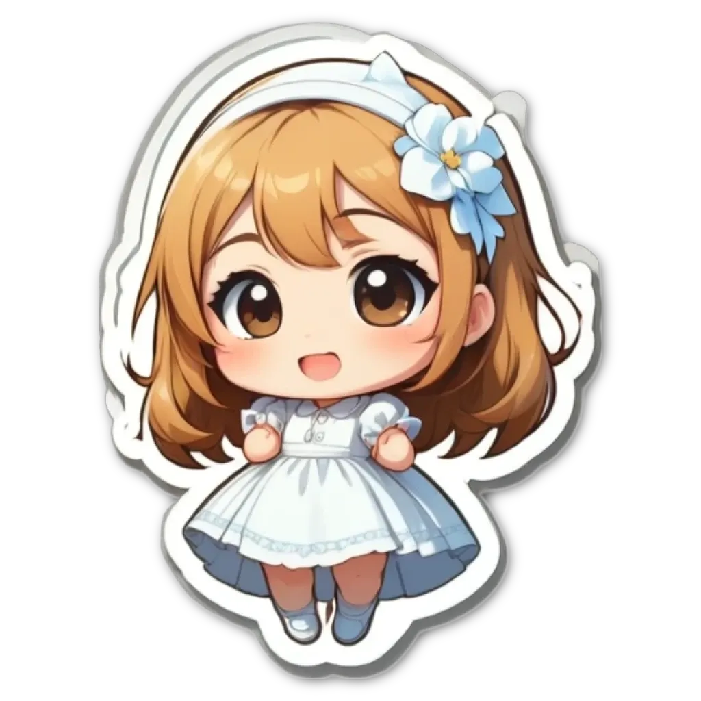 A girl with a white dress with a flower on the right of it.