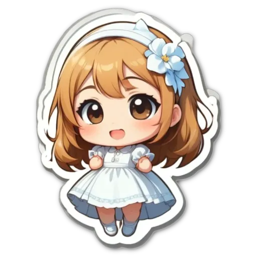 A girl with a white dress with a flower on the right of it.