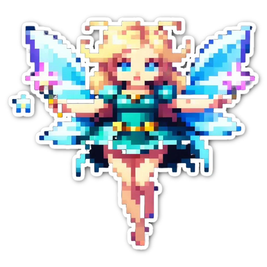 A girl with blue wings who is holding a star in her right hand.