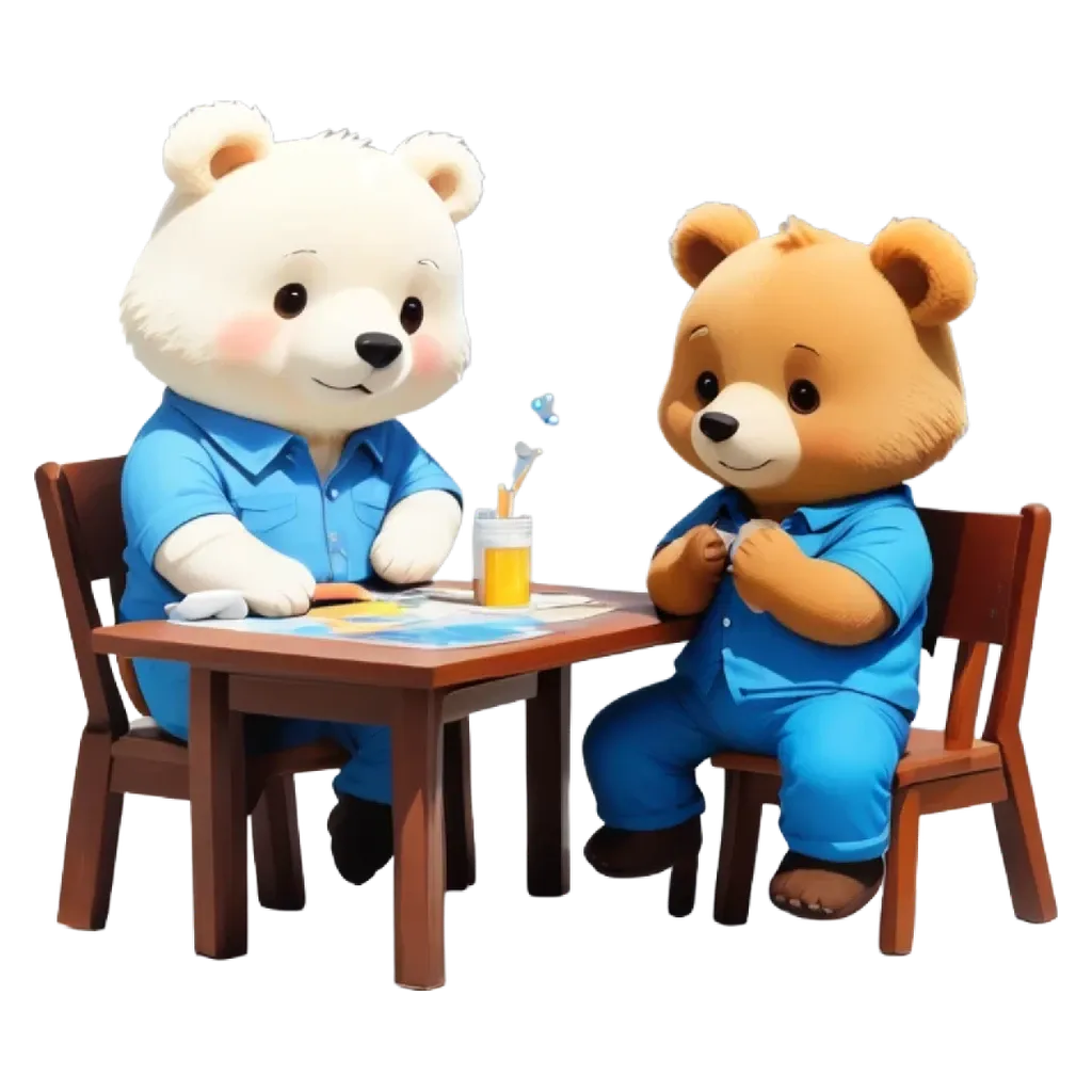 Two bears sitting at a table with a drink and some paper.